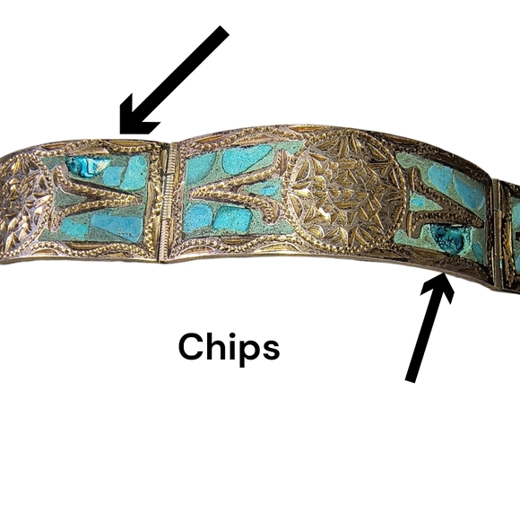 Vintage Mexico Sterling Silver & Crushed Turquoise Inca/Mayan Panel Bracelet - Picture 13 of 13